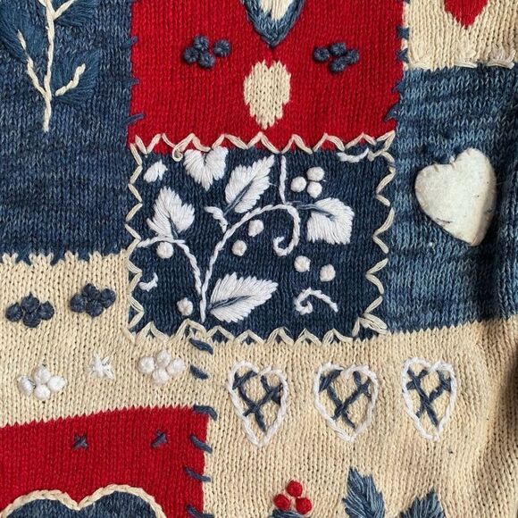 Vintage 90s Red Navy Blue Cardigan Round Neck Heart Floral Bright Pattern Knit - Picture 11 of 12